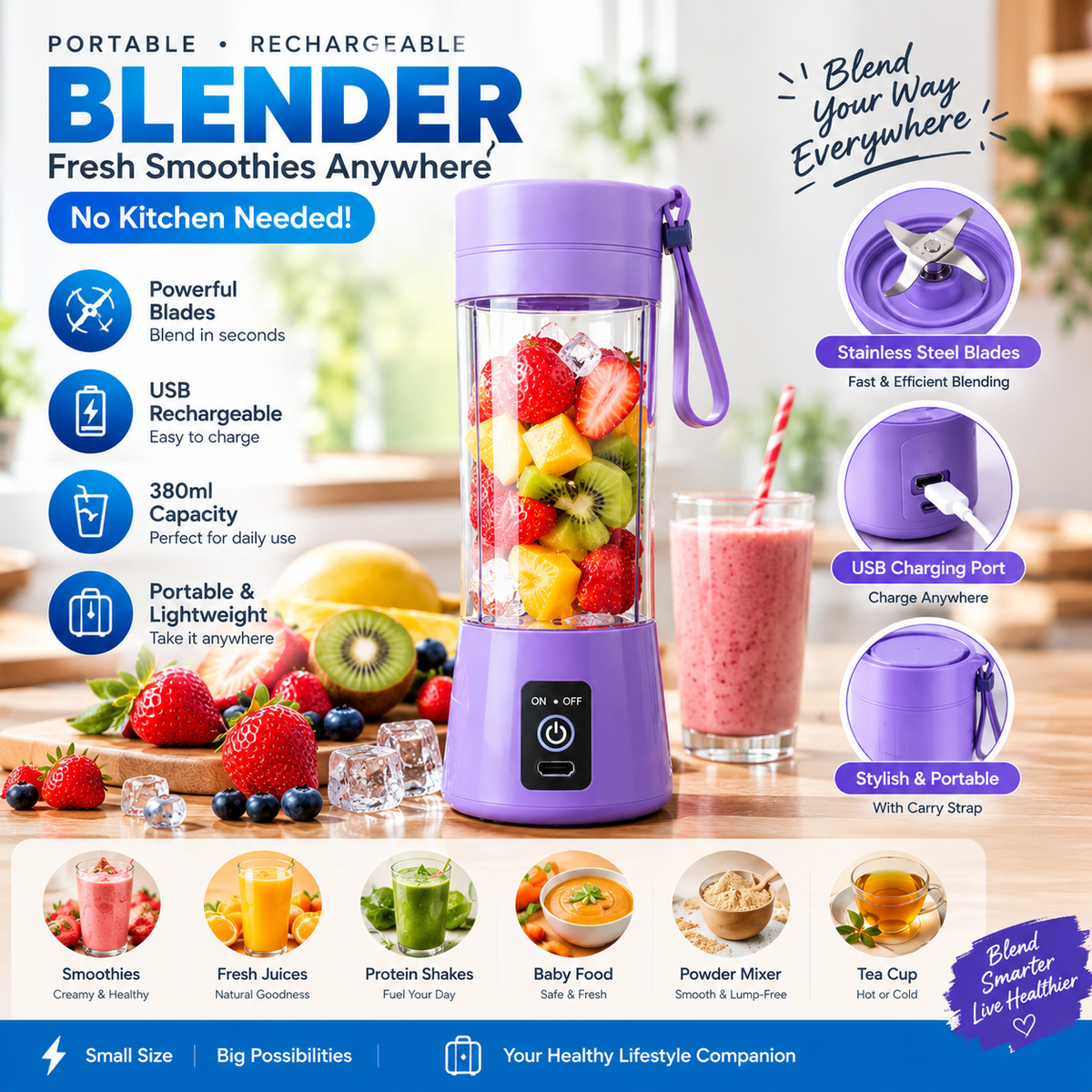 Portable Rechargeable Blender – USB Mini Smoothie & Juice Maker